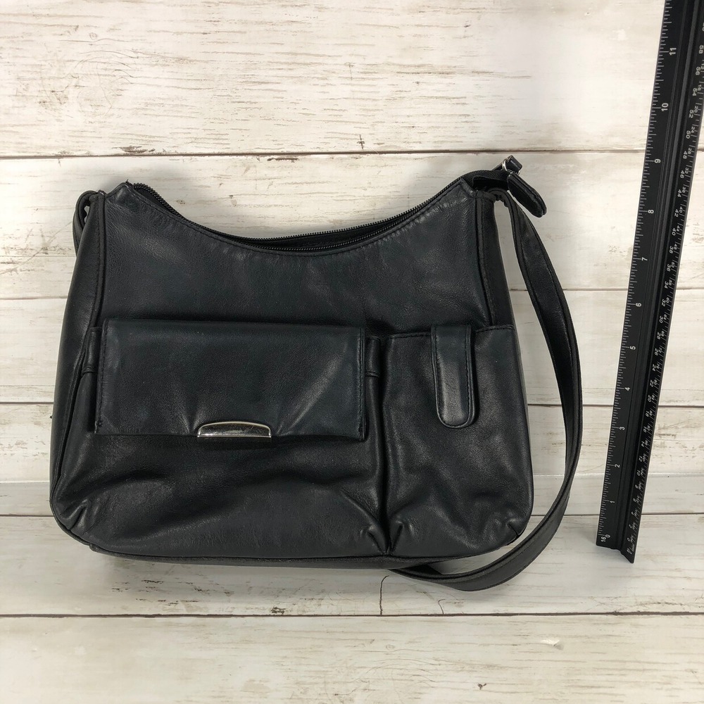 East 5th Black Leather Crossbody Bag Multi Pocket Shoulder Purse Silver Hardware - Picture 3 of 6